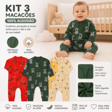 Imagem de Kit 03 Macacões Bebê outono inverno 100% algodão Menino ou Menina Esta