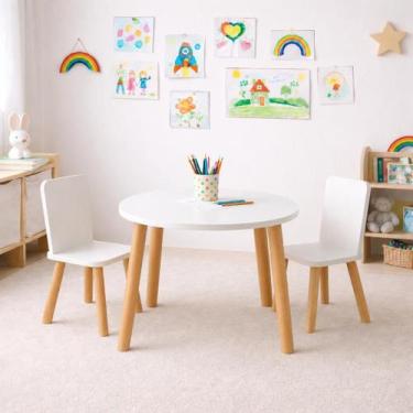 Imagem de Mesa Infantil Redonda Montessori MDF Branca com 2 Cadeiras Pés de Made