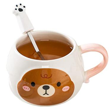 Imagem de seelucky Caneca de balão de ar quente com tampa colher caneca de leite de desenho animado infantil caneca 3D xícara de café de cerâmica xícara de chá presente de aniversário escritório casa (urso marrom pata, 350 ml)