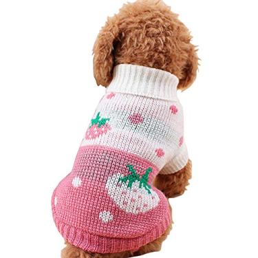 Imagem de CHBORCHICEN Suéter para cães de estimação clássico de tricô gola rolê inverno quente para filhote de cachorro roupa de morango e coração suéter para cachorroCHBORCHICEN Small rosa
