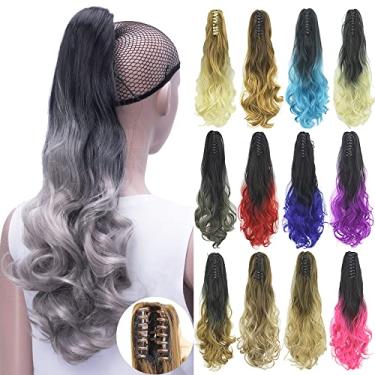 Imagem de IMISSU Extensões de cabelo de rabo de cavalo cacheado cor ombré grampo de rabo de cavalo em peruca (Ombre cinza)