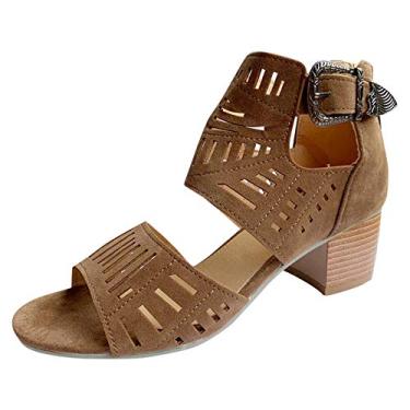 Imagem de Sandálias femininas elegantes de verão, sandálias femininas peep toe salto alto fivela sólida casual sapatos de verão, Marrom, 8.5