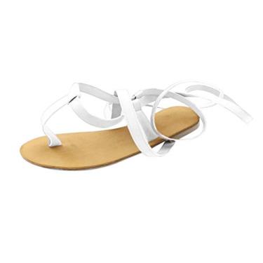 Imagem de Sandálias femininas de verão abertas com tiras de vento romanas para dedo do pé sandálias planas de tamanho grande para mulheres, Branco, 8