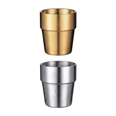 Imagem de UPTALY 2 peças de copos de aço inoxidável (300 ml, prata/ouro), canecas de acampamento inquebráveis, copo de café pequeno, canecas de café com parede dupla, copos de tiro, copo, atiradores de metal, copos de café espessos, xícara de chá