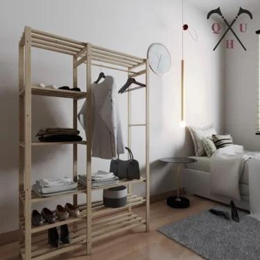 Imagem de Prateleiras Pinus Com Cabideiro Expositor Roupas E Tenis
