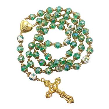 Imagem de Colar com miçangas de cristal verde católico da loja Nazaré com flores de rosário dourado Medalha Miraculosa de medalhão de coração e cruz Religiosa Mulheres Homens Amuleto