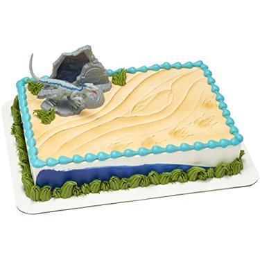 Imagem de Topo de bolo de aviso DecoSet® Jurassic World™, decoração de bolo de dinossauro de 3 peças com azul, base 3D e carimbo fóssil oculto