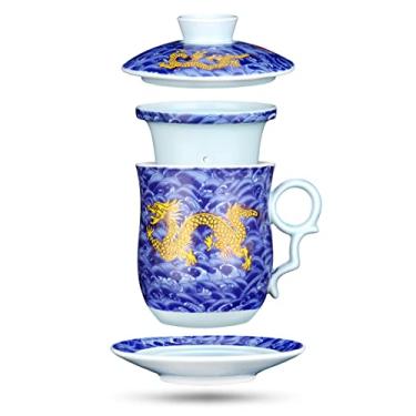Imagem de (Blue) - 4pcs Set of Chinese Dragon Pattern Tea-Mug with Strainer Infuser and Lid and Saucer Ceramic Tea Mug Convenient System Chinese Porcelain Personal Tea Cup,13.5oz(400ml)/4 Colours (BLUE)