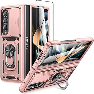Imagem de Capa para Samsung Galaxy Z Fold4 5G capa de telefone à prova de choque de grau militar com 【360 ° suporte giratório de toque】 【Protetor de tela de vidro temperado】 (cor-de-rosa)