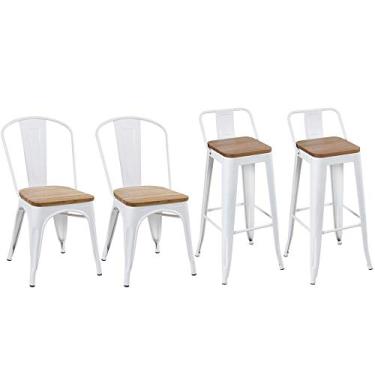 Imagem de Loft7, KIT - 2 cadeiras + 2 banquetas altas Tolix com encosto - Branco com assento de madeira rústica clara