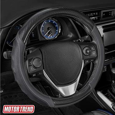 Imagem de Motor Trend Capa para volante SW-812 cinza ultra esportiva de couro granulado com detalhes de fibra de carbono - ajuste universal para tamanhos padrão 37 a 39 cm preta