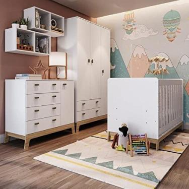 Imagem de Quarto de Bebê com Berço 3 em 1 Cômoda Guarda Roupas e Nichos Duplos Favo de Mel Completa Móveis Branco