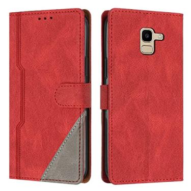 Imagem de Hee Hee Smile Capa carteira com alça de pulso para Samsung Galaxy A5 2018 premium couro PU bolsa magnética bolso com zíper slots para cartão vermelho