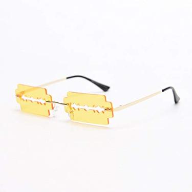 Imagem de Óculos de sol retangulares ocos sem aro retrô exclusivos para mulheres com armação de liga amarela dourado