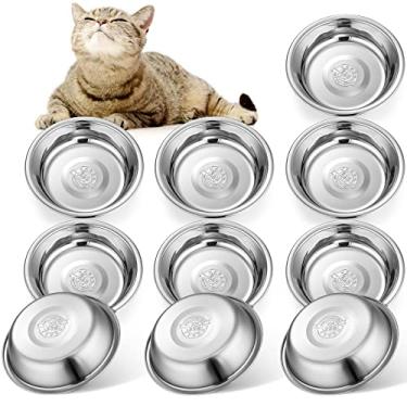 Imagem de Mimorou 10 tigelas rasas de aço inoxidável, para gatos, alívio de fadiga e água para animais de estimação, para suporte elevado, pode ser lavado na lava-louças (14 cm de diâmetro)