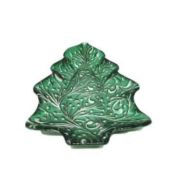 Imagem de Travessa Centro de Mesa Petisqueira Natalina Vidro Pinheiro Verde e Prata 24cm - Yangzi
