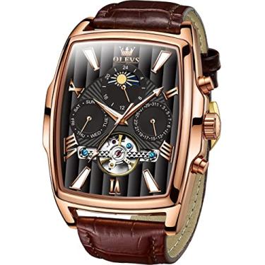 Imagem de OLEVS Relógios masculinos mecânicos com pulseira de couro marrom quadrado fase da lua turbilhão dia data à prova d'água luminosa relógios de pulso masculinos, Pulseira marrom, bisel em ouro rosa e