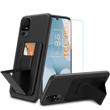Imagem de Capa de telefone TCL 40 XL 40XL com película de vidro temperado, suporte para cartões/compartimentos dobrável com suporte, carteira de silicone TPU (poliuretano termoplástico) à prova de choque para