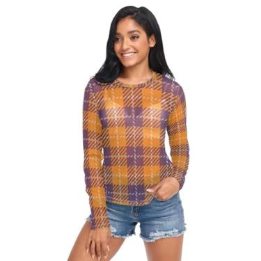 Imagem de FRODOTGV Camisa feminina transparente xadrez de outono com estampa tartan blusa transparente de manga comprida, Xadrez de outono com padrão tartan, P