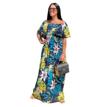 Imagem de Vestido Longo Plus Size Ciganinha Floral Azul Verão 48 Ao 54 - Donnalu