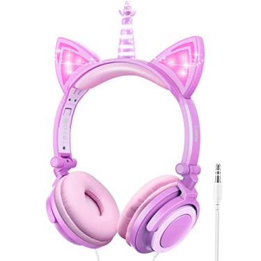 Imagem de LOBKIN Unicorn Headphones Children, fones de ouvido de gato com LED brilhante, limitador de volume de 85 dB, fones de ouvido infantis leves e dobráveis com microfone