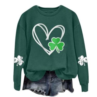 Imagem de Camiseta feminina 2024 Dia de São Patrício manga longa Love Heart Irish Shamrock gráfico gola redonda blusa fofa, Verde, 3G