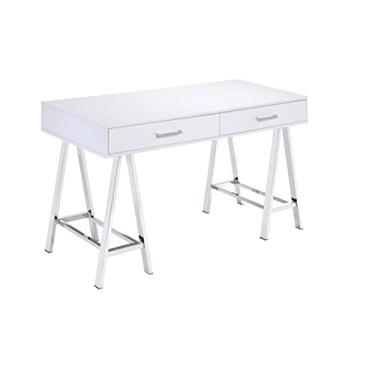 Imagem de Mesa de penteadeira com gavetas, mesa moderna de computador, laptop, escrivaninha, penteadeira, penteadeira com pernas cruzadas de metal para quarto de estudo (mesa lateral branca) (mesa branca com