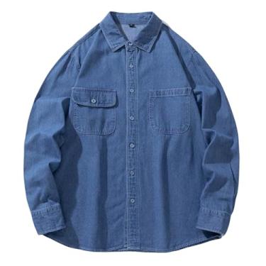 Imagem de Camisa jeans masculina manga comprida ombro caído colarinho aberto cor sólida camisa ajuste solto, Azul-escuro, XG