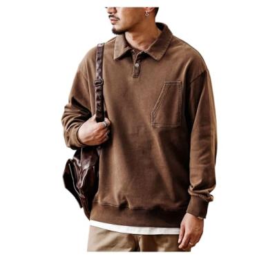 Imagem de Camisa polo masculina cintura elástica cor sólida pulôver bolsos frontais colarinho largo clássica, Marrom, XG