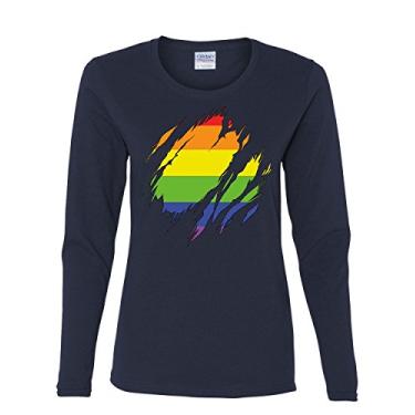 Imagem de Camiseta de manga comprida com bandeira do arco-íris do orgulho gay rasgado LGBTQ Love Wins, Azul-marinho, G
