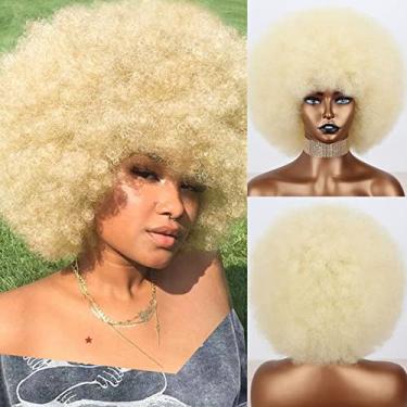 Imagem de Xinran Perucas afro loiras anos 70 para mulheres negras, loiro bege e encaracolado, aparência natural, perucas afro grandes e brilhantes para mulheres