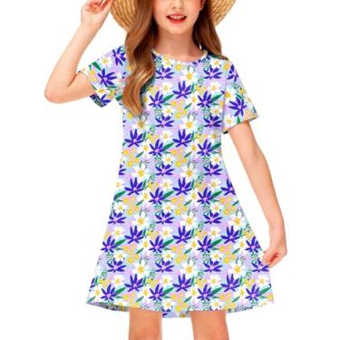 Imagem de Deerose Vestidos de Páscoa para meninas manga curta verão vestido camiseta tropical 5-14 anos, Azul floral, 11-12 Anos
