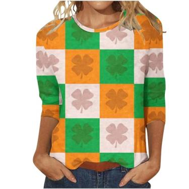 Imagem de Camiseta feminina do Dia de São Patrício com estampa da bandeira irlandesa americana túnica verde manga 3/4, Preto, P