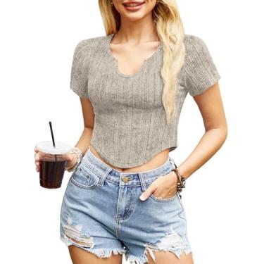 Imagem de Clarisbelle Camiseta feminina de verão com gola V canelada e justa, Bege, M