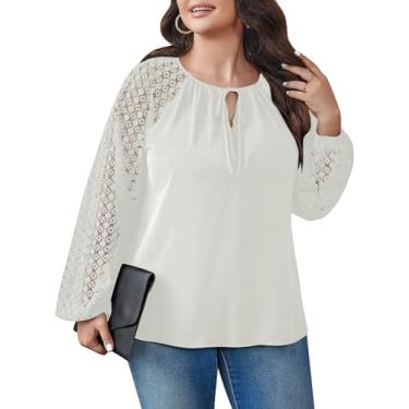 Imagem de SCOMCHIC Blusa feminina plus size renda manga longa gola redonda elegante casual túnica camisas soltas, 02 branco, GG Plus Size