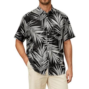 Imagem de Hardaddy Camisa masculina havaiana manga curta praia tropical casual abotoada, Preto-branco-1, G