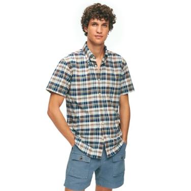 Imagem de Brooks Brothers Camisa esportiva masculina manga curta abotoada algodão Madras xadrez, Marrom/azul-marinho, M