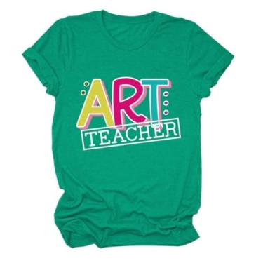 Imagem de MEKOTSK Camisetas femininas com estampa divertida de professor de arte, manga curta, gola redonda, verão, Turquesa, P