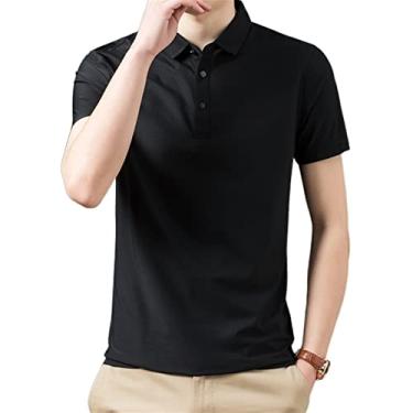 Imagem de Polos de golfe masculinos poliéster cor sólida camisa camisa regular ajuste estiramento leve secagem rápida atlético respirável(Color:Black,Size:XXXL)