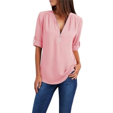 Imagem de Camisetas femininas de manga curta enroladas com zíper e gola V, blusas femininas de chiffon cor sólida casual de verão blusas elegantes soltas, rosa, 4G
