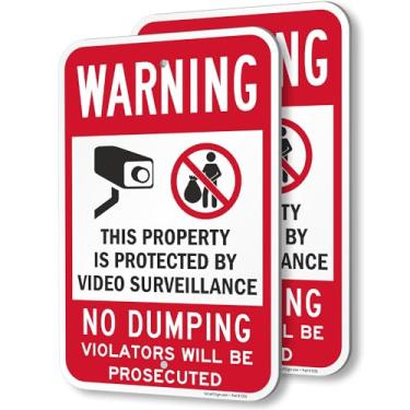 Imagem de SmartSign (Pacote com 2) Placa "Aviso - Sem Dumping, Propriedade Protegida por Vigilância por Vídeo", 120 mm Composto de Alumínio (ACM), Material Refletivo de Grau de Engenheiro, Vermelho, Branco e