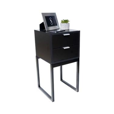 Imagem de Mesa De Cabeceira Industrial Eco 30cm com 2 Gavetas e Base De Ferro Para Quarto Lateral Da Cama Escritório (Base Preta / Prata, Preto)