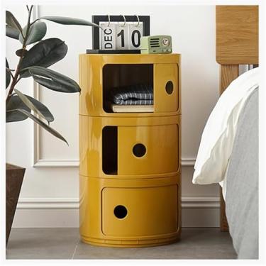 Imagem de Mesa de cabeceira redonda de 2/3 camadas com gavetas de armazenamento, mesa lateral destacável moderna em ABS para sala de estar, quarto, banheiro, amarelo, 3 camadas