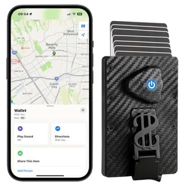 Imagem de Carteira masculina inteligente com rastreador funciona para Find My(iOS)- antiperda [lembrete deixado para trás] Estojo para cartão pop-up fino em clipe de dinheiro de couro, Fibra de carbono