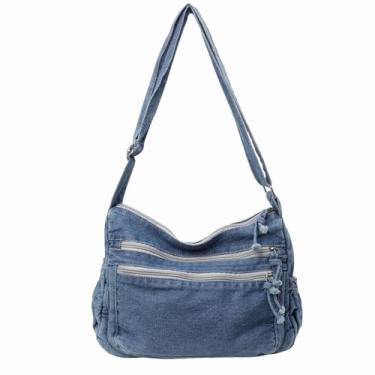 Imagem de Bolsas jeans grandes para mulheres, bolsa casual retrô transversal leve bolsa de ombro bolsas de lona, C - Azul claro, Large