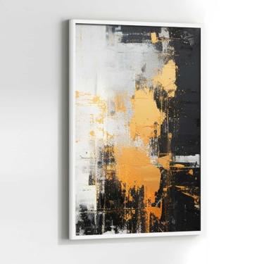 Imagem de Quadro Abstrato Pintura Preto Branco Dourado com Moldura Decorativo 130x90 Sala de jantar Quarto Decoração Vertical Parede