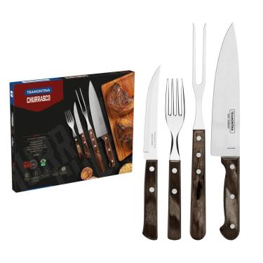 Imagem de Kit Para Churrasco Tramontina Em Aço Inox Com Cabo Castanho Polywood 14 Peças