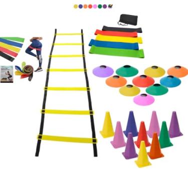 Imagem de Kit Funcional Treino Agilidade 10 Cones 10 Chapeus Chines Escada 7 Degraus 1 Kit 5 Faixas Mini Bands