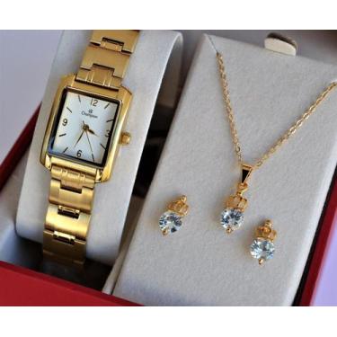 Imagem de Relogio champion feminino dourado quadrado pequeno ch25187h + kit semi