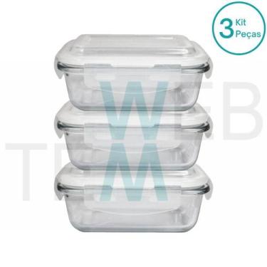 Imagem de Kit 3 Potes Herméticos Marmita de Vidro Retangular 640ml Tampa BPA Fre